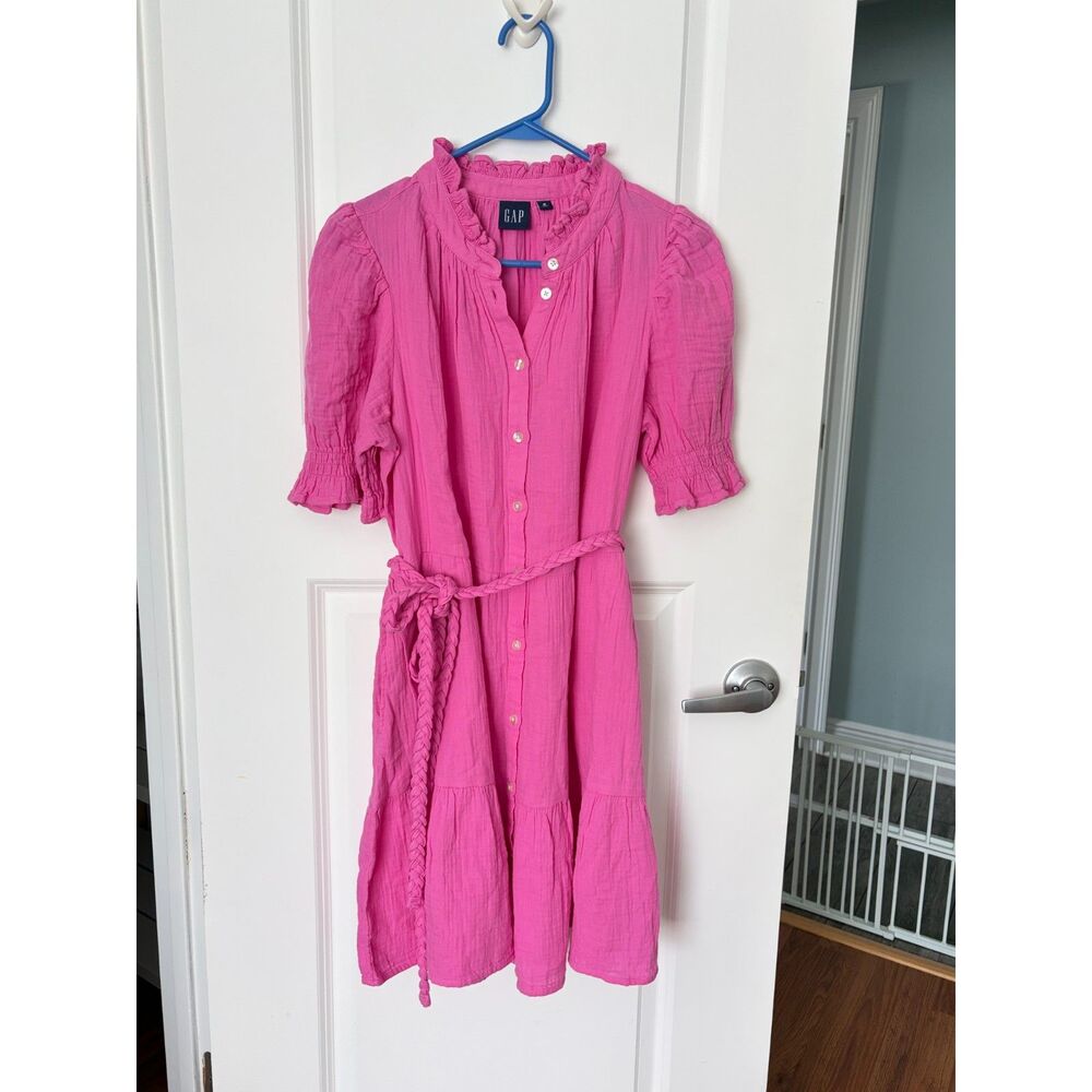 GAP Pink Gauze Tiered Shirt Dress Womens Med Pocket Barbiecore European Summer